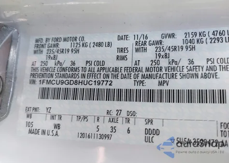 2017 Ford Escape Se из США, поврежденный, VIN 1FMCU9GD8HUC19772